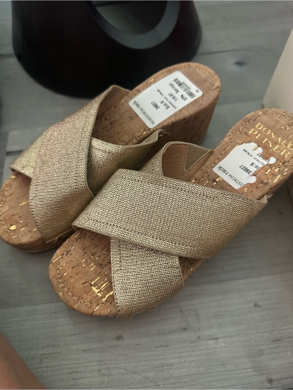 Donald J. Pliner Metallic Gold Cork Wedge Slide Sandals